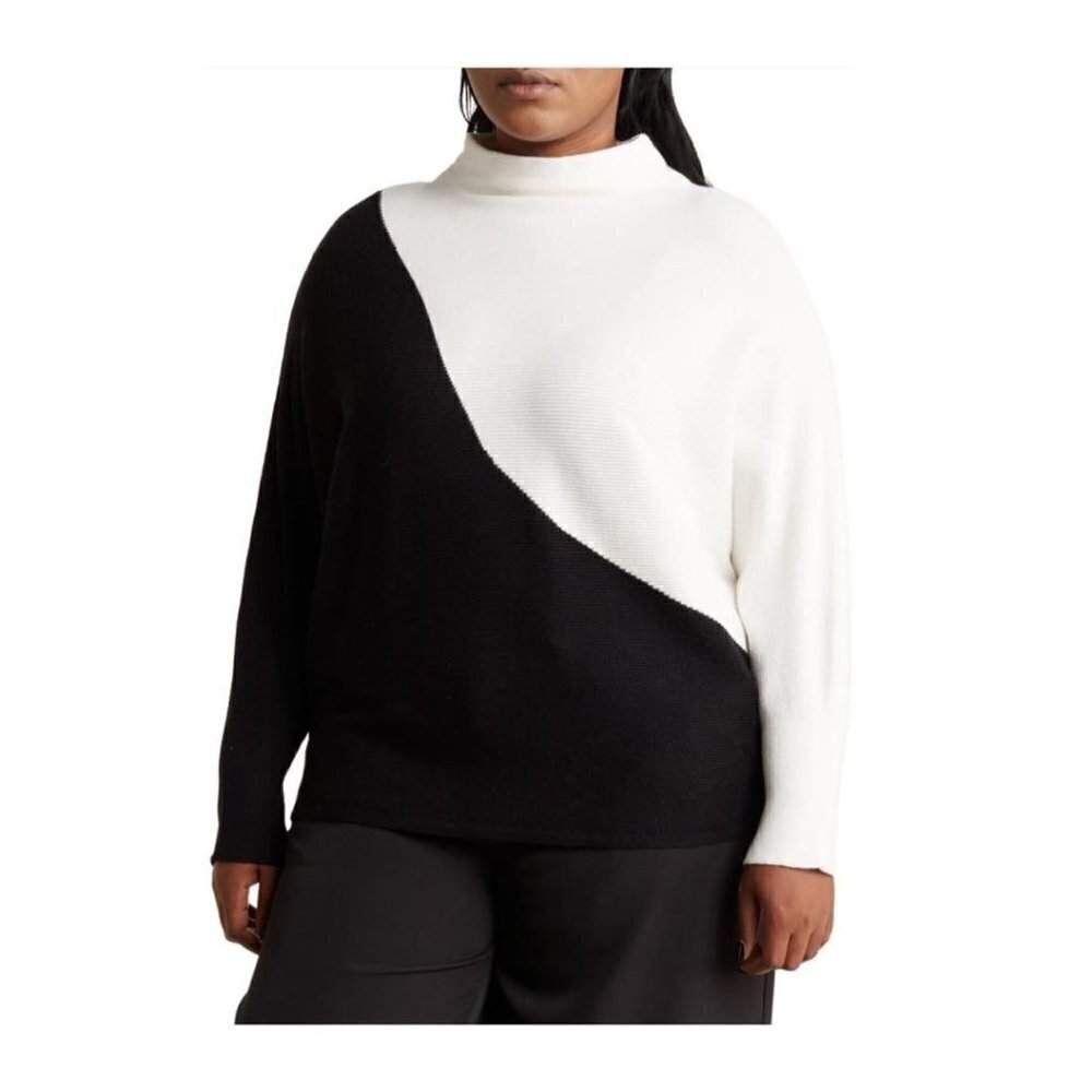Tahari Womens Plus Black White Knit Color Block Dolman Sleeve Sweater Sz 1X New